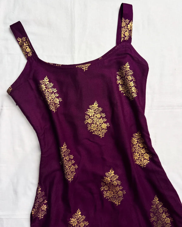 Wine Foil-Print Cotton Sleeve-less Kurti-Top