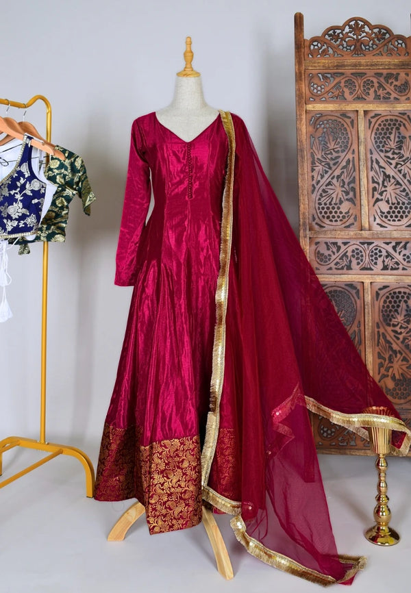 Red-Wine Chinnon Brocade-Patch Anarkali Kurti & Dupatta Set