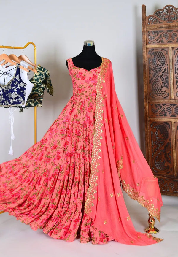 Peach Georgette Floral-Printed Multi-Layer Designer-Back Pleated-Anarkali-Kurti Dress & Dupatta Set