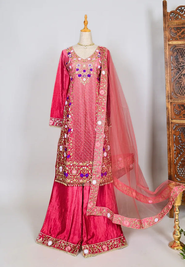 Pink-Ombre Chinnon Multi-Embroidery Kurti-Top, Palazzo & Dupatta Set