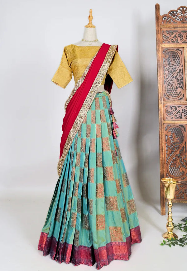 Mint-Turquoise Zari-Woven Soft-Silk Pleated Lehenga-Skirt, Blouse & Dupatta Set