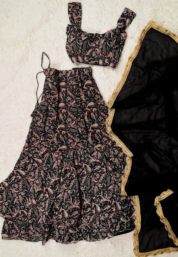 Black Floral-Print Georgette Double-Layer Lehenga-Skirt, Blouse &amp; Dupatta set
