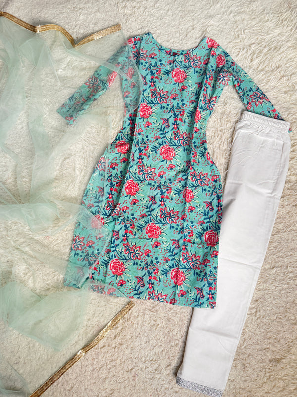 Turquoise Block Print Kurta With Pants & Dupatta