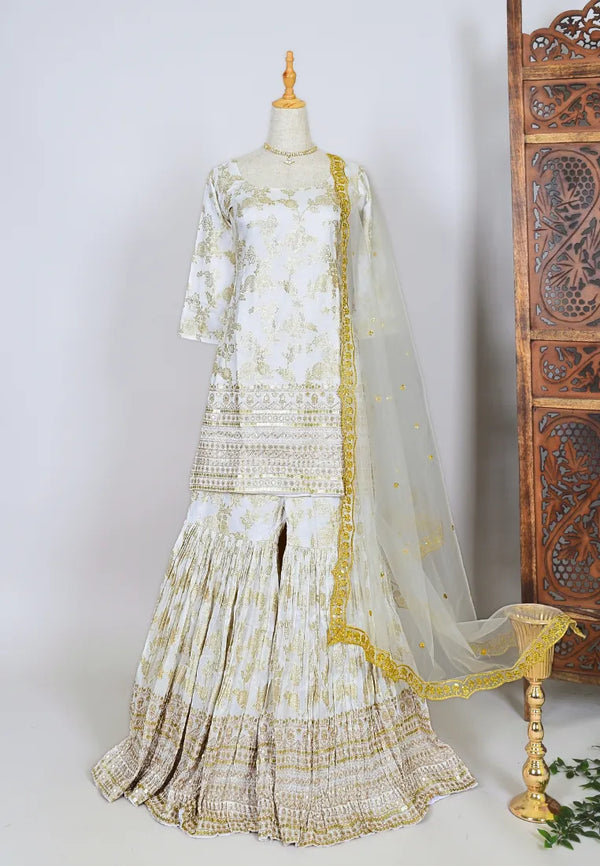 White Art-Silk Brocade-Sequin-Embroidery Kurti-Top, Gharara & Dupatta Set