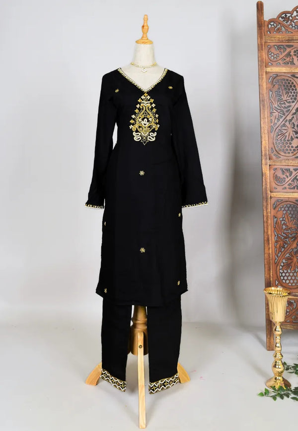 Black Handwork-Motif Synthetic-Silk Straight-Cut Kurti-Top & Pants Set