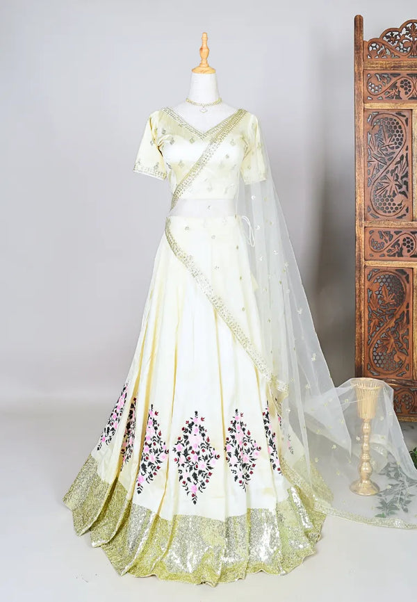 Cream Multi-Embroidered Raw-Silk Kalidaar-Lehenga, Blouse & Dupatta Set