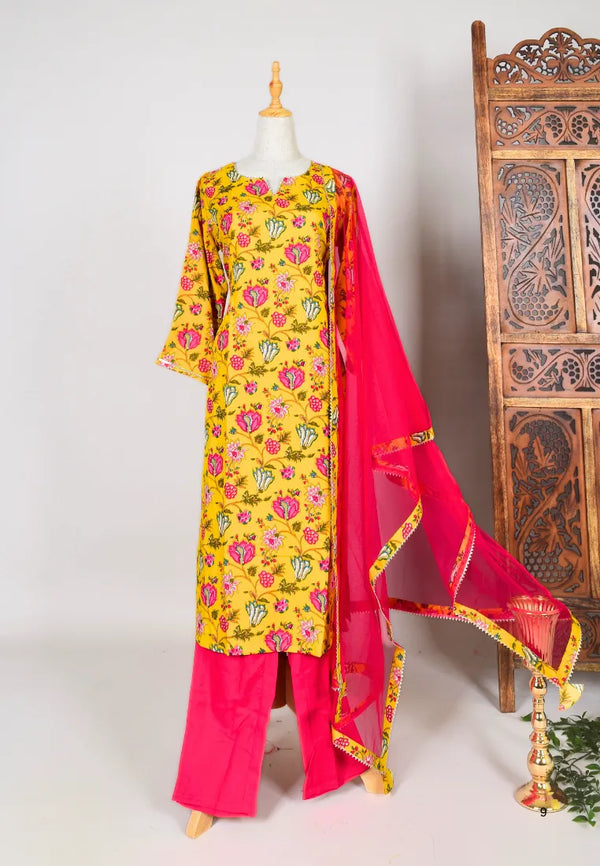 Yellow-Pink Block-Print Cotton-Blend Kurti-Top, Pants & Dupatta Set