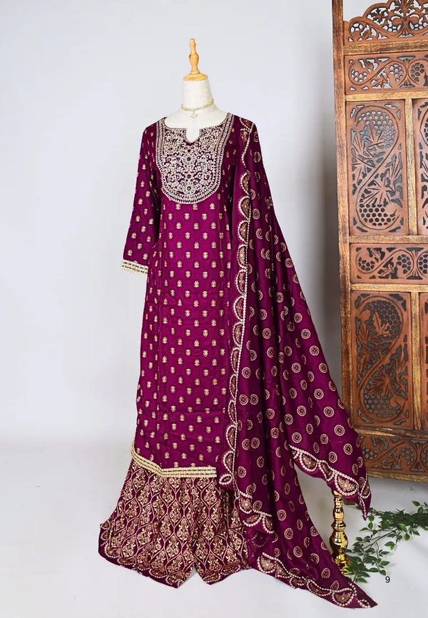 Purple-Wine-Gold Block-Print Kurti-Top, Palazzo & Dupatta Set