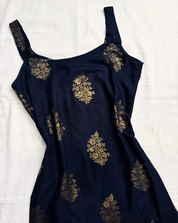 Navy Foil-Print Cotton Sleeve-less Kurti-Top