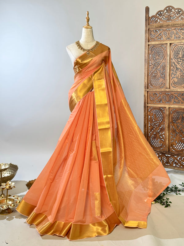 Pastel-Peach-Gold Silk-Cotton Woven-Square-Mandala South-Saree