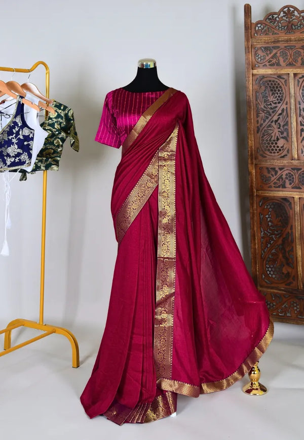 Magenta Vichitra Silk Zari Border North Saree 1-minute saree + Readymade blouse
