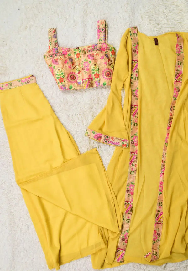 Dull-Yellow Embroidered Georgette Blouse-Kurti, Palazzo &amp; Jacket Set