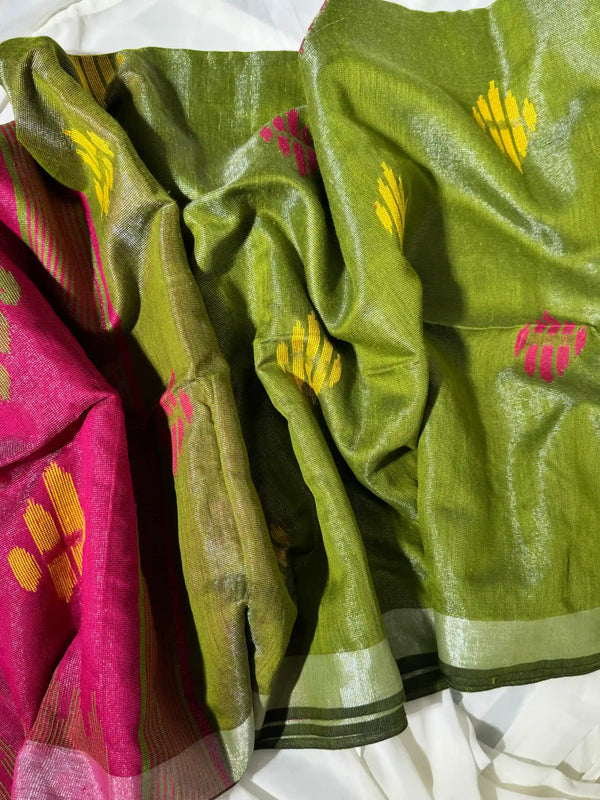 Apple green-pink tissue Linen woven details bengal saree
