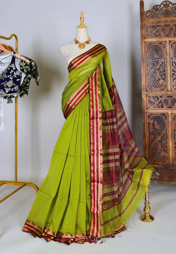 Apple-Green Red Handwoven Pure Silk Cotton Striped Body Pallu Design Maheshwari Saree