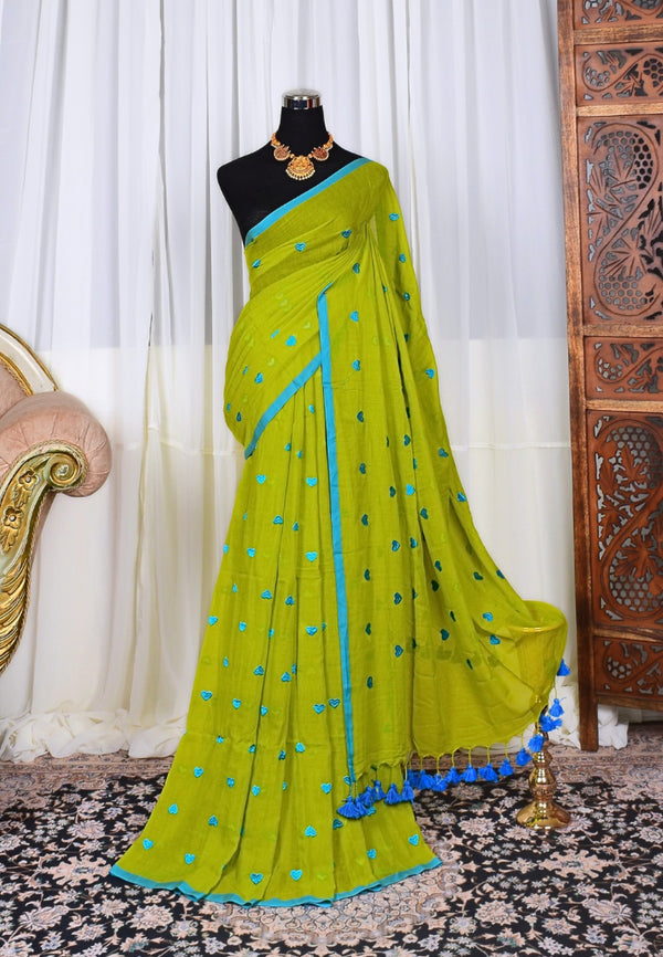 Apple-Green Sky-Blue Handspun Pure Cotton Embroidered Butti Bengal Saree