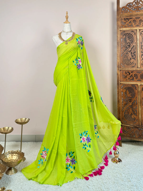 Apple-Green Pure-Cotton Thick-Floral-Embroidery Butta-Bengal-Saree