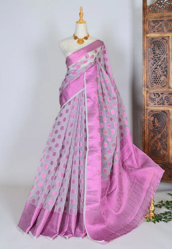 Lilac Lavender Kora Organza Soft Zari Butti Grand Pallu Banarasi Saree