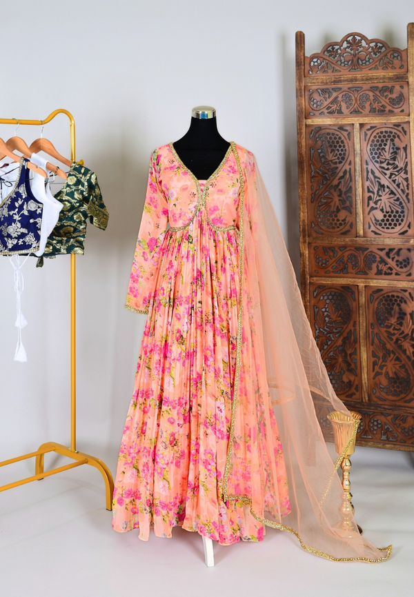 Peach Georgette Floral-Print Alia-Cut Anarkali-Kurti Dress & Dupatta Set
