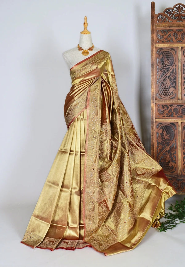 Gold Silk-Tissue Stone-Work Engagement Banarasi-Saree