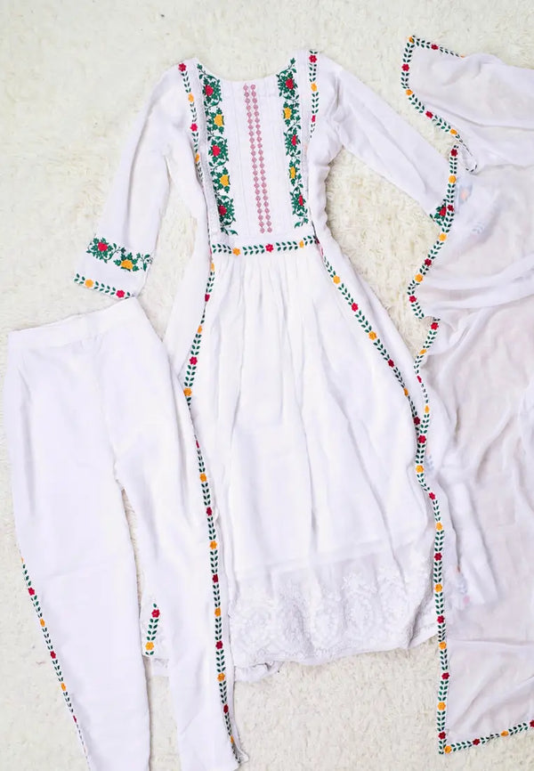 White Georgette Thread-Embroidery Pleated-Anarkali-Kurti, Pants &amp; Dupatta set