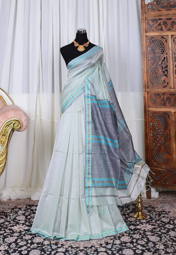 Pale-Aqua-Grey Pure-Silk-Cotton Thin-Zari-Border Handloom Maheshwari-Saree