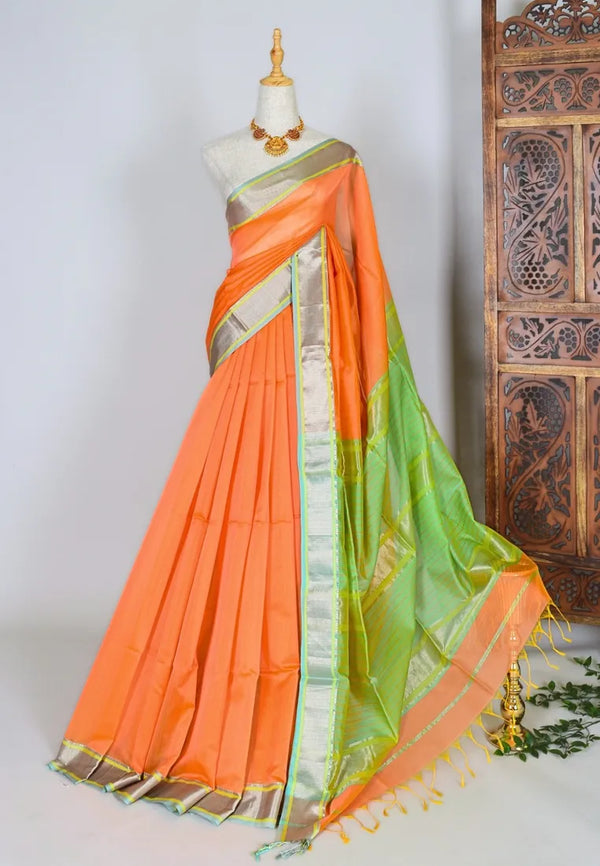 Orange Peach Handwoven Pure Silk Cotton Zari Contrast Pallu Maheshwari Saree