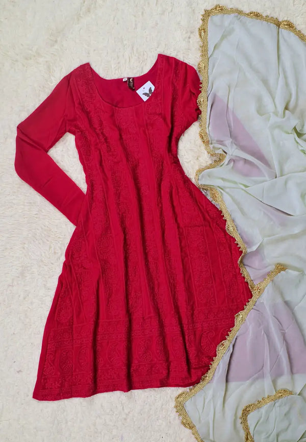 Red Chikan-Embroidery Georgette Kurti-Top &amp; Dupatta Set