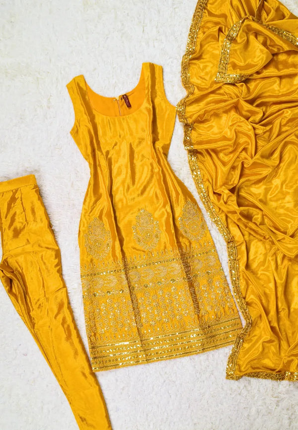 Yellow Embroidered Chinnon Straight-Cut-Kurti Pants &amp; Dupatta Set