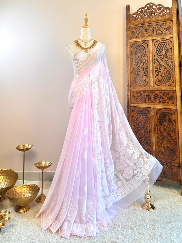 Baby-Pink-White Chiffon Chikan-Embroidered North-Saree