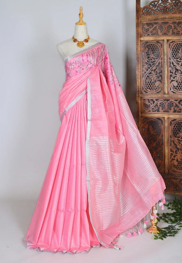 Baby-Pink Kota-Silk Floral-Embroidery Bengal-Saree