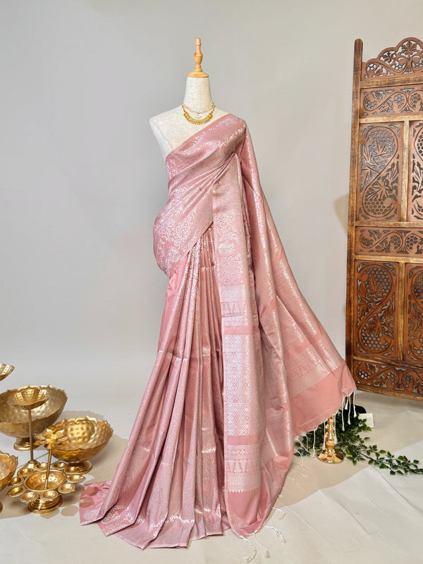 Baby-Pink Silver-Zari Soft-Silk Semi-kanji-Woven South-Saree