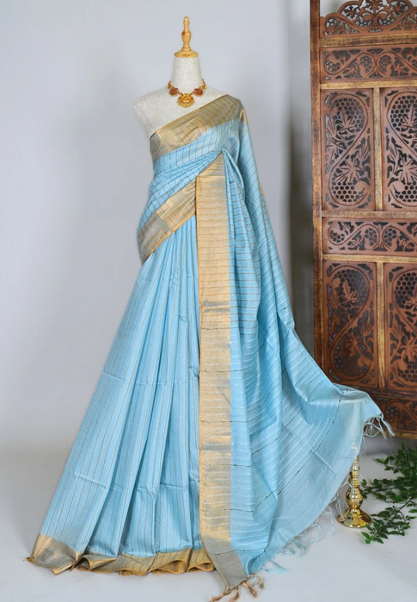 Baby-Blue Kota-Silk Striped-Body Bengal-Saree