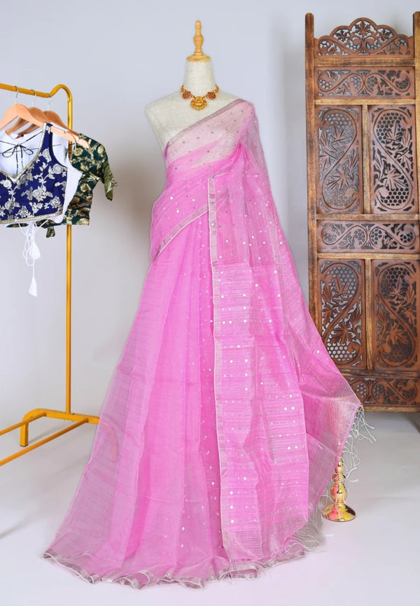 Baby-Pink Handwoven Pure-Muslin Sequin-Stitched Bengal-Saree