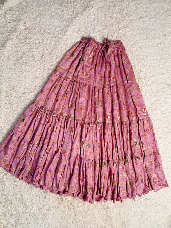 Baby-Pink Vichitra-Silk Full-Flare Foil-Print Multi-Layered Skirt