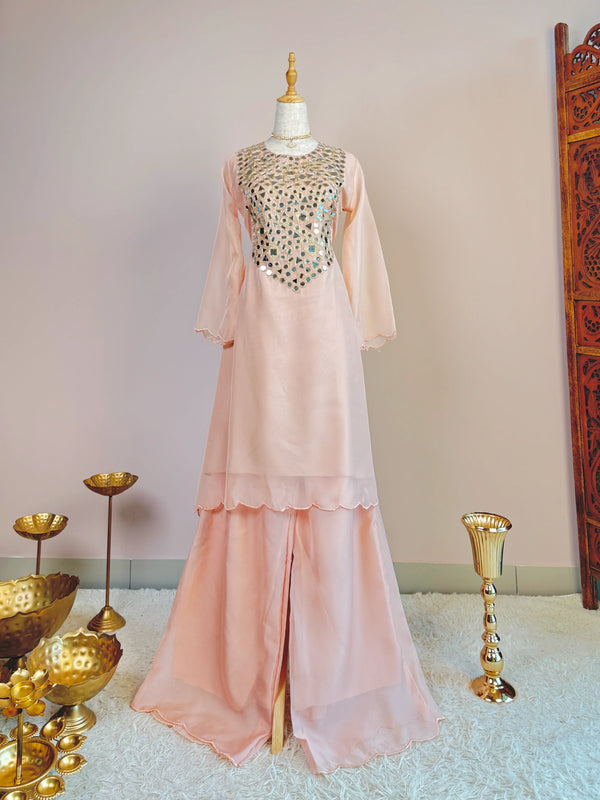 Baby-Pink Organza Real-Mirror-Work Palazzo-Kurti-Set