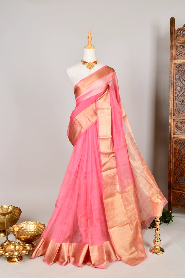 Baby-Pink Soft-Organza Patta-Border Banarasi-Saree