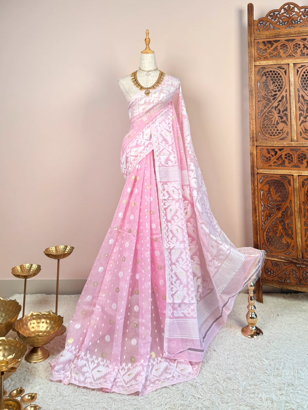 Baby Pink-White Pure-Cotton Thread-Woven Jamdani Bengal-Saree