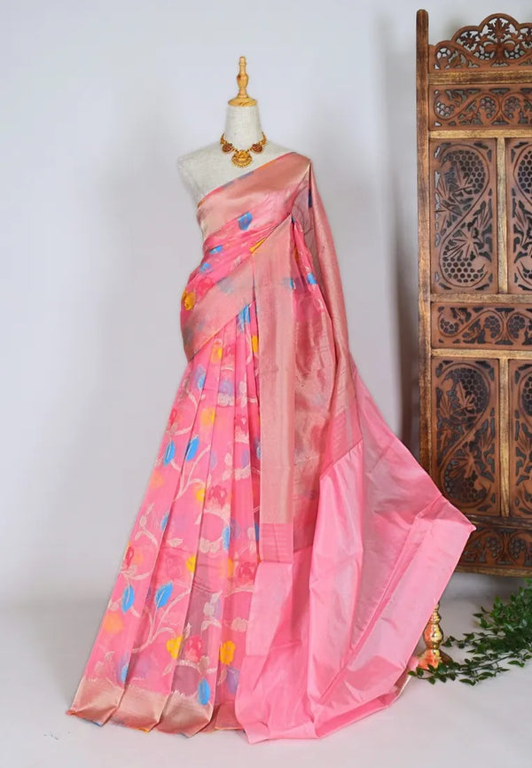 Barbie Pink Silk Cotton Meenakari Floral Woven Border Banarasi Saree