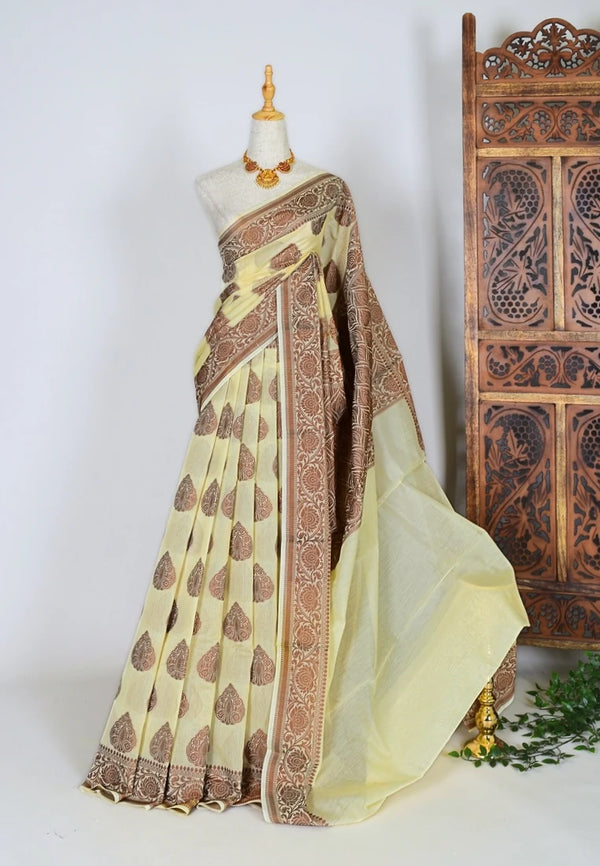 Beige-Copper Cotton-Silk Butta-Weaving Banarasi-Saree