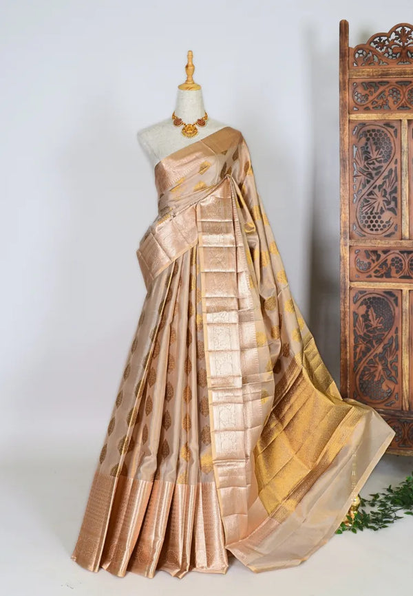 Beige Gold Silk Tissue Brocade Design Motif Banarasi Saree