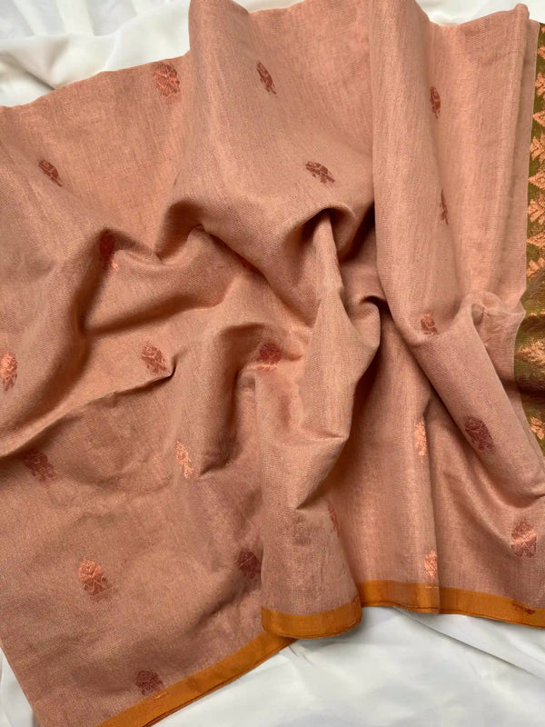 Beige-green tissue Linen woven pallu bengal saree