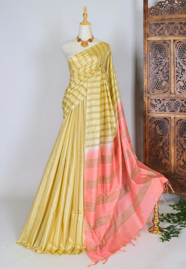 Beige-Peach Kota-Silk Striped-Ghicha Bengal-Saree