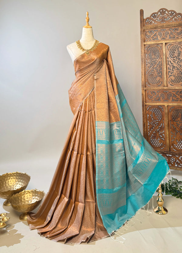 Beige-Cream-Sky-Blue Soft-Silk Zari-Woven Borderless South-Saree