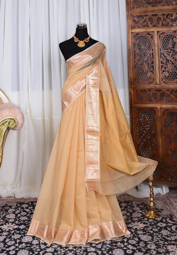 Beige-Gold Silk-Cotton Plain-Body Woven-Border Banarasi-Saree