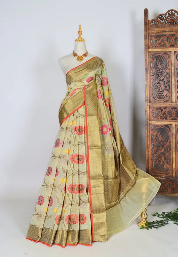 Beige-Gold Soft-Silk-Cotton Zari-Striped Floral-Meenakari Banarasi-Saree