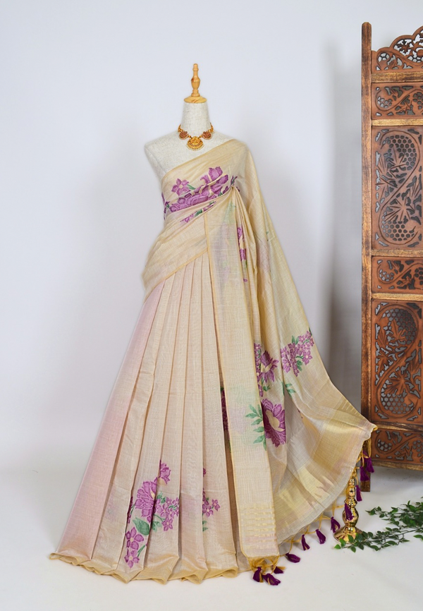 Beige-Purple Soft-Raw-Silk-Cotton Floral-Weaving North-Saree