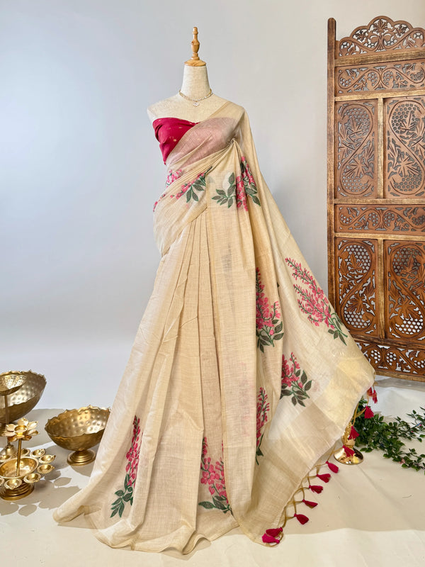 Beige-Pink Raw-Silk-Cotton Floral-Woven-Butta North-Saree