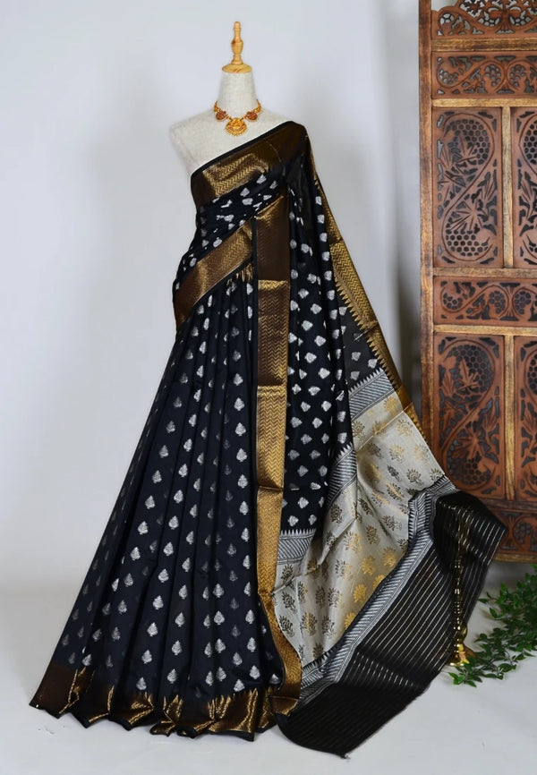 Black-Gold Silk-Cotton Silver-Zari-Grand-Pallu Banarasi-Saree