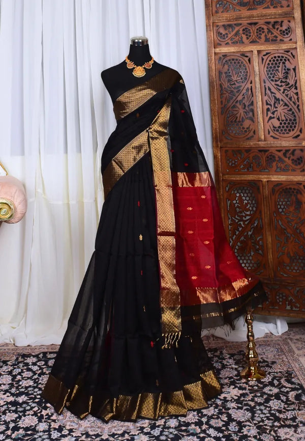 Black-Red Handwoven Pure-Silk-Cotton Zari-Butti Maheshwari-Saree
