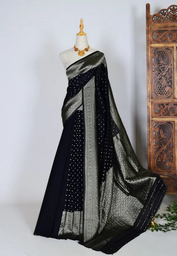 Black Cotton-Blend Zari-Woven Banarasi-Saree